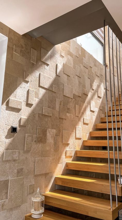 Staircase Cladding, Stone Cladding Interior, Entrance Tiles, Office Stairs, Amazing Food Decoration, Staircase Wall, Stair Case, Stone Cladding, House Designs