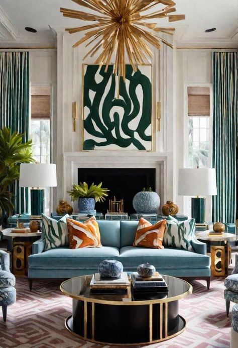 Living room inspo. Living room decorating ideas. How to use artwork as a focal point.  How to create a color scheme.  Living room focal point ideas. Home inspo. Room ideas. Home decor. Room decor. Home. House interior. storage and organization. home decor style. home accessories. Modern living room. Designer living room. room ideas. Living room decor. colorful modern living room. blue sofa. green and white art. gold chandelier. green lamps. Sitting Room With 2 Chairs, Emerald Green And Blue Living Room, Bougie Living Room Ideas, Allison Victoria Interior Design, Living Room With Teal Accents, Modern Cottage Interior Living Room, Blue Room Decor Ideas, Living Room Blue Sofa, New England Home Decor