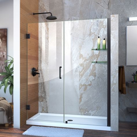 The DreamLine Unidoor is a frameless swing shower door designed in step with modern market trends. The elegant design and an incredible range of sizes are combined in the Unidoor for the look of custom glass at an unparalleled value. DreamLine exclusive ClearMax water repellant and stain resistant glass coating adds superior protection from stains and is nearly maintenance-free. With clean lines, modern accents and an upscale look, the Unidoor collection adds timeless style to any bathroom space Door With Shelves, Hinged Shower Door, Shower Door Designs, Black Shower Doors, Frameless Hinged Shower Door, Modern Market, Tub Doors, Frameless Shower Doors, Frameless Shower