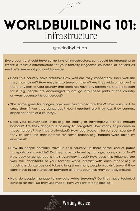 Creating a believable and immersive fictional world entails many different aspects of world-building. In this post, you will learn a few things that you can consider when it comes to infrastructure. Infrastructure does not only make your fantasy world feel more realistic, but it also shapes the daily lives of your characters, and it can also cause conflict in your story. So it is definitely worth thinking about! Follow me for more writing advice, and check out my blog for more in-depth ideas. World Building Lore, World Building Ideas Writing, World Building Magic Systems, World Building Dnd, How To Make A Fantasy World, Fantasy World Ideas Writing, Fantasy Worldbuilding Ideas, Story Conflict Ideas, How To World Build