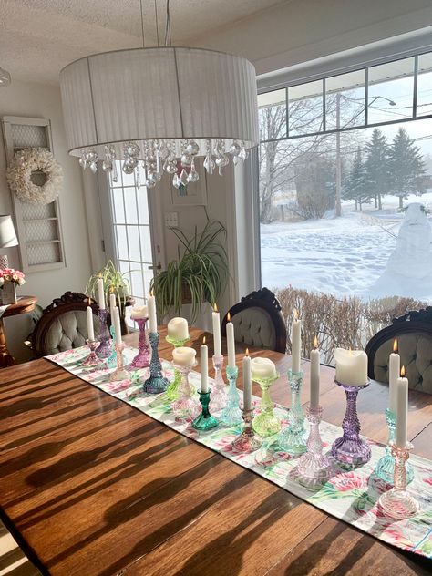 Candlestick Decor Ideas Bedroom, Table Setting With Candle Sticks, Pastel Candle Sticks, Colored Glass Candle Holders, Glass Candle Sticks Wedding, Candle Stick Table Setting, Colored Glass Candlesticks, Colored Glass Centerpiece, Dining Table Candlesticks