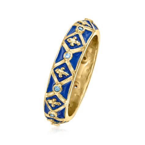 Ross-Simons - .10ct t. w. Sapphire, Blue Enamel Fleur-De-Lis Ring Over Sterling. Size 6. Take stacking into your own hands with a high-spirited ring that speaks to your unique personality! This decorative band features .10 ct. t. w. round sapphires and fleur-de-lis symbols atop a royal blue enamel backdrop. Crafted in 18kt yellow gold over sterling silver. 3/16" wide. Blue enamel and sapphire fleur-de-lis ring. Sapphire birthstones are the perfect gift for September birthdays. Diamond Anklet, Italian Gold Jewelry, Greek Ring, Anchor Jewelry, Diy Jewelry Rings, Sapphire Birthstone, Pearl Strands Necklace, Diamond Tennis Necklace, Ring Sapphire