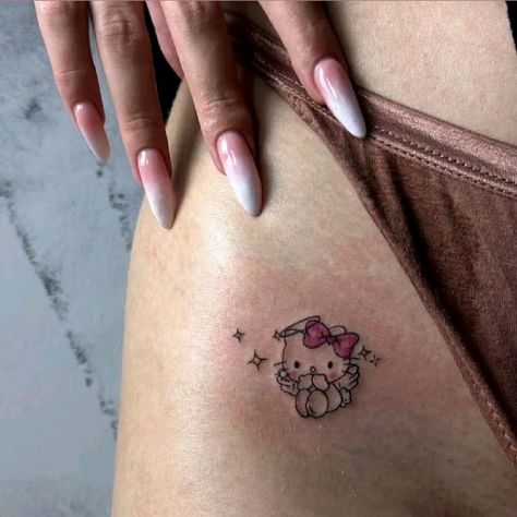 Small Bow Tattoos, Really Bad Tattoos, Lower Stomach Tattoos, Hello Kitty Tattoo, Waist Tattoos, Hello Kitty Tattoos, Bow Tattoo, Stomach Tattoos, Bad Tattoos