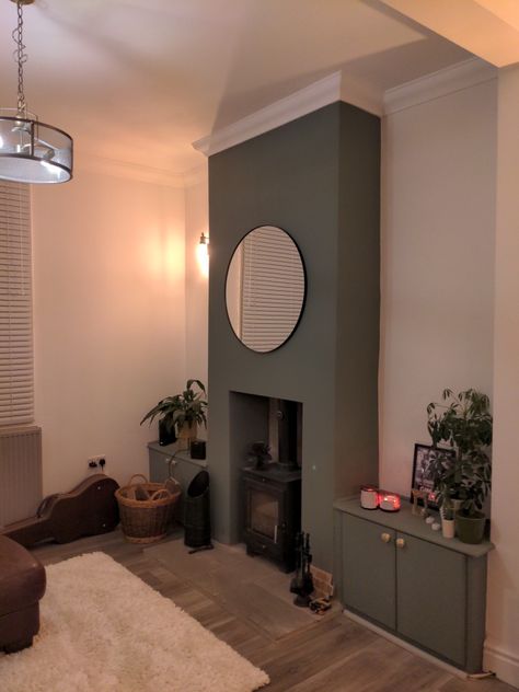 Large Mirror On Chimney Breast, Bedroom Chimney Breast Ideas, Mirror For Chimney Breast, Green Chimney Breast Wall, Green Chimney Breast, Chimney Breast Shelf, Painted Chimney Breast, Living Room Chimney Breast, Living Room Chimney