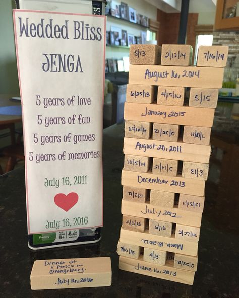 Celebrate your fifth anniversary with the traditional gift of wood.  A Jenga game with five years of memories written on each wooden game piece. #weddedbliss #jenga #woodenanniversarygift #fifthanniversary #handmade #madewithlove #thoughtful Five Year Anniversary Gift, 5 Year Wedding Anniversary, Second Year Anniversary Gift, Anniversary Ideas For Him, Traditional Anniversary Gifts, Five Year Anniversary, 5 Year Anniversary Gift, Anniversary Gift Diy, Girlfriend Anniversary Gifts