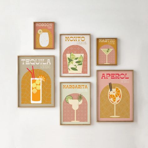 Cocktail Prints | Cocktail Print Set | Retro Cocktail Print | Cocktail Wall Art | Aperol Spritz Print | Cocktail Posters | Retro Cocktails

Elevate your home bar decor with our retro-inspired cocktail print set featuring six vintage favorites like Aperol Spritz and Cosmopolitan. These high-quality posters capture the essence of classic cocktail art with a modern twist. Hang them up in your home bar, kitchen, or living room to add a touch of elegance and sophistication. Wall Dining Room Decor, Cocktail Posters, Dining Room Gallery Wall, College Wall Decor, Cocktail Prints, Home Bar Kitchen, Cocktail Wall Art, Bar Artwork, Cocktail Wall