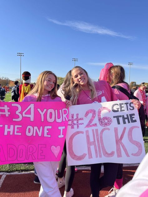 Pink Out Football Game Outfits, Pink Out Football Game, High School Football Posters, Hockey Signs, Pink Out Football, Varsity Cheerleading, Clay Frame, Football Posters, Football Signs