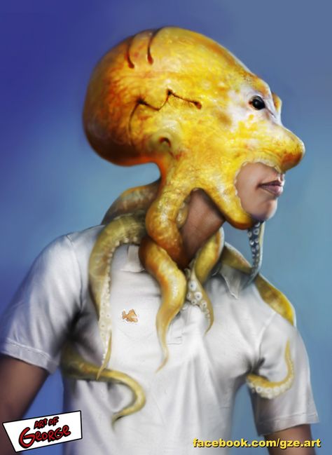 Man With a Yellow Octopus on His Head Octopus Head, Octopus Costume, Yellow Octopus, Best Water Bottle, Best Water, Homer Simpson, Illustration Character, Creature Design, Costume Ideas