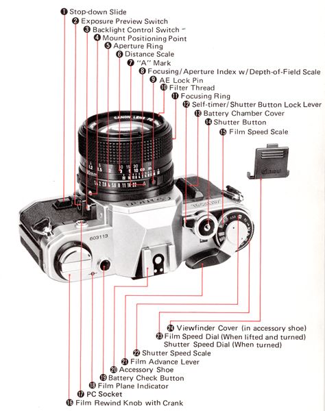 Canon Knowledge Base - AE-1: Here is a list of the Parts and controls - nomenclature Cannon Camera, Dark Room Photography, Aperture Photography, Manual Photography, Film Camera Photography, Digital Photography Lessons, Filmmaking Cinematography, Classic Photography, Canon Ae 1