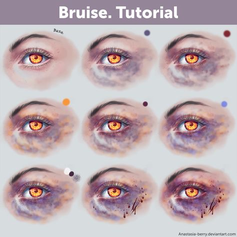 Bruise. Tutorial by Anastasia-berry on DeviantArt Scar Tutorial, How To Draw Scars, Anastasia Drawing, See Painting, Realistic Eyes, Drawing Eye, Digital Painting Tutorials, Purple And Yellow, Illustrator Tutorials