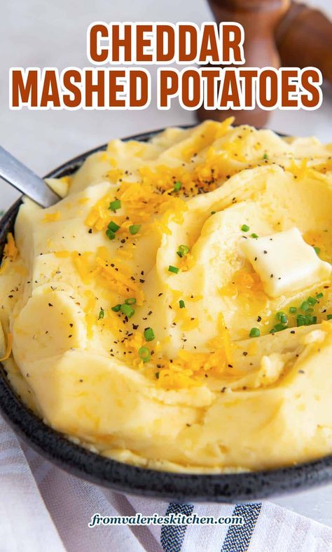 These creamy Cheddar Mashed Potatoes are a delicious way to elevate your menu. Sharp cheddar cheese and sour cream add amazing flavor and texture for a delicious upgrade to classic mashed potatoes. Cheesy Mashed Potatoes Recipe, Sour Cream Mashed Potatoes, White Cheddar Mashed Potatoes, Mashed Potatoes Recipe Easy, Cheddar Mashed Potatoes, Classic Mashed Potatoes, Cottagecore Recipes, Cheddar Potatoes, Cheese Mashed Potatoes