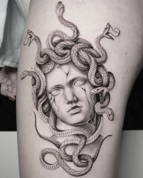 Medusa Tattoo Meaning, Medusa Tattoos, Tattoo Designs With Meaning, Traditional Hand Tattoo, Designs With Meaning, Medusa Tattoo Design, Statue Tattoo, Greek Mythology Tattoos, Skeleton Hand Tattoo