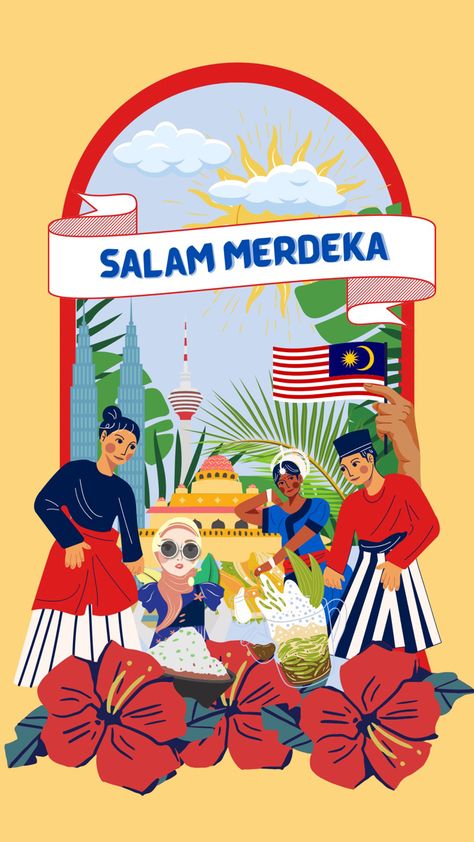 Malaysia Travel Poster, Kaamatan Poster, Malaysia Day Poster Design, Malaysia National Day Poster, Merdeka Sale Design, Merdeka Decoration Idea, Merdeka Poster Drawing, Malaysia Culture Illustration, National Day Decoration Ideas