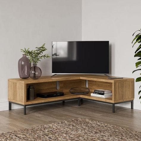 Corner Tv Living Room Layout, Corner Tv Table, Tv In Corner Of Living Room, Corner Tv Ideas, Corner Tv Cabinets, Wooden Tv Unit, Tv Unit Furniture Design, Corner Tv Unit, Tv Unit Decor