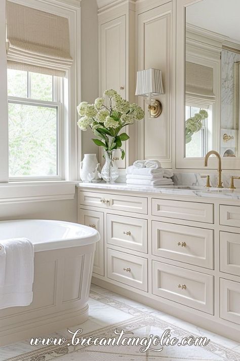 modern french country bathroom French Country Inspired Bathroom, French Bathroom Tile Ideas, Modern French Country Home Interiors, European Cottage Interiors Bathroom, Beautiful Bathroom Wallpaper, Country Modern Bathroom Ideas, French Country Coastal Bathroom, French Country Bathroom Faucets, French Bathroom Decor Ideas