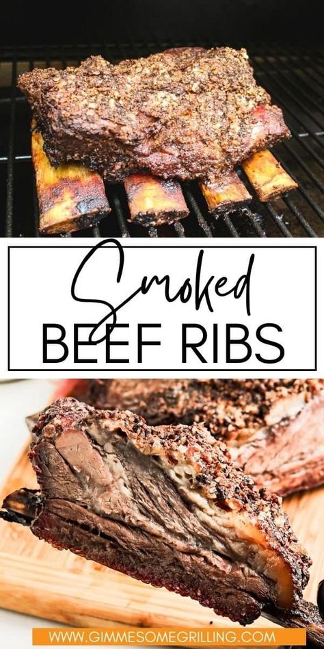 Mouthwatering, perfectly seasoned Smoked Beef Ribs will be your new favorite dinner on the smoker! Tons of beef packed with delicious flavor. Grab a beef rib and devour it. Beef Ribs On Smoker, Beef Short Rib Smoker Recipes, Smoked Beef Ribs In Electric Smoker, Beef Ribs On The Smoker, Bone In Beef Short Rib Recipes Grill, Smoked Beef Ribs In Smoker, Beef Ribs Smoker Recipe, Smoked Beef Ribs In Pellet Smoker, Beef Short Ribs Smoker Recipe