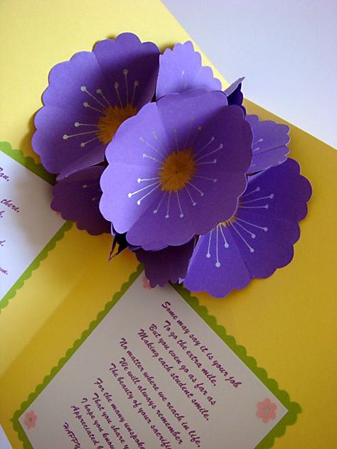 Lin Handmade Greetings Card: Teacher's day pop up flowers Teachers Day Pop Up Card, Flower Pop Up Card, Pop Up Card Tutorial, Pop Up Flower Cards, Pop Up Flower, Pop Out Cards, Popup Cards, Teachers Day Card, Paper Bouquet