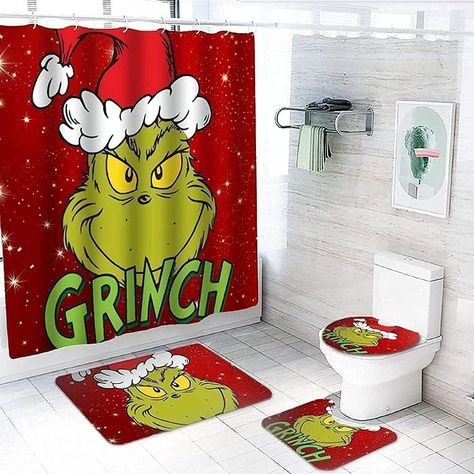 Christmas Bathroom Overstock, Grinch Bathroom Accessories, Buddy The Elf Shower Curtain, Gnome Christmas Shower Curtain, Gnome Toilet Paper Cover, Christmas Tree For Bathroom, Shower Curtain Rings Crafts Christmas, Grinch Bathroom, Grinch Stuff