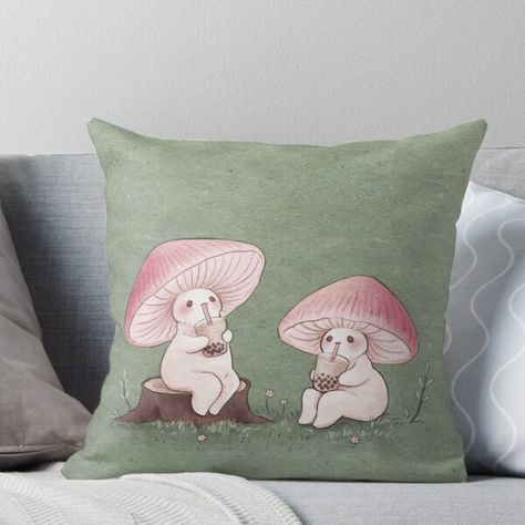 Super soft and durable 100% spun polyester Throw pillow with double-sided print. Cover and filled options. Two cute mushroom friends chilling with some boba tea!! Mushroom Room Decor, Cottagecore Bedroom Decor, Fairy Bedroom, Fall Room Decor, Dream Dorm, Natural Pillows, Mushroom Decor, Teen Room Decor, Cute Room Ideas