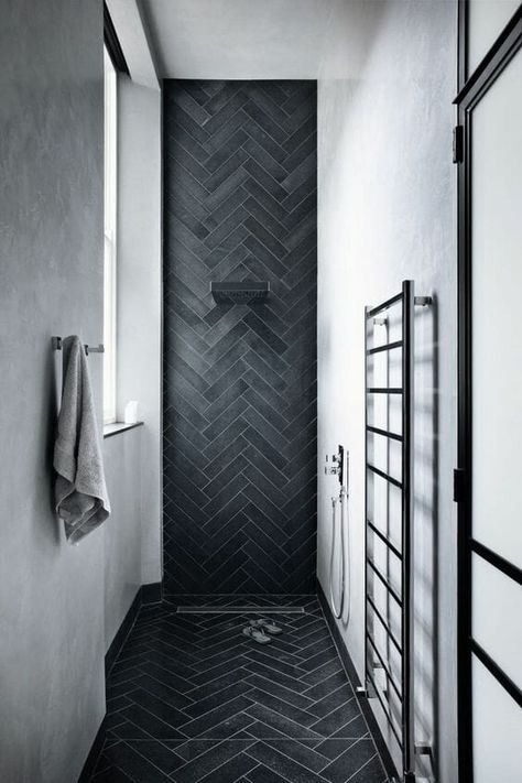 Koti Diy, Shower Enclosures, Herringbone Tile, Bathroom Floor Tiles, Bathroom Renos, Shower Stall, House Bathroom, Wet Rooms, Black Bathroom