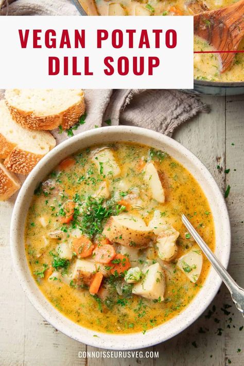 This vegan potato dill soup is rich, comforting, and full of flavor! It's easy to make and guaranteed to warm you up on a chilly day. Vegan Chowder Soup, Vegetarian Gluten Free Soup Recipes, Potato Dill Soup, Dill Soup, Soup Sunday, Vegan Potato Leek Soup, Vegan Potato Soup, Vegetarian Soups, Plant Based Soups