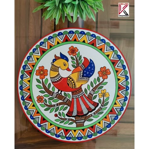 Madhubani Plate Painting, Madhubani Painting On Plate, Madhubani Circle Designs, Round Madhubani Art, New Year Mandala Art 2024, Wall Plate Painting Ideas, Madhubani Coasters, Mirror Canvas Art, Mithila Art