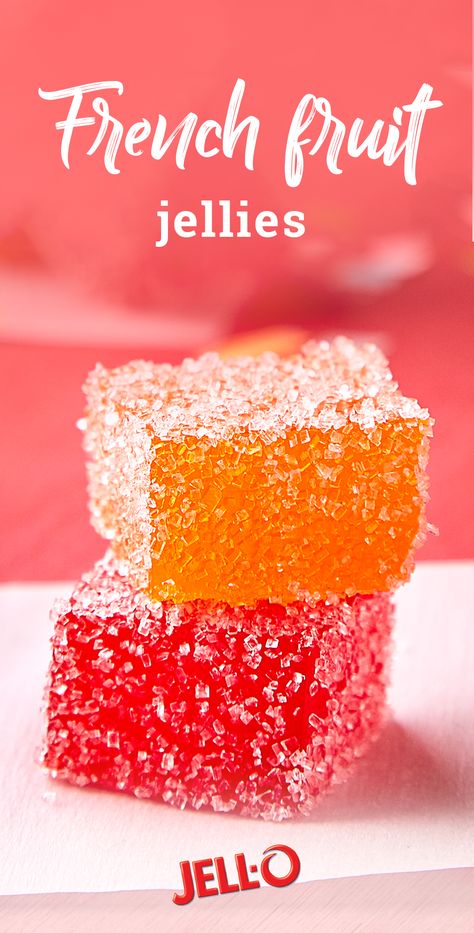 French Fruit Jellies – Delight your taste buds with these tasty JELL-O® bites. Check out this recipe to learn how simple these fruity treats are to make! Jelly Candy Recipe, Exquisite Recipes, Fruit Jelly Recipe, Fruit Jellies, Fruity Treats, Jello Desserts, Candy Recipes Homemade, Christmas Candy Recipes, Jello Recipes