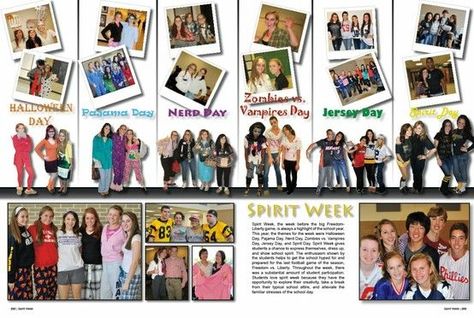 spirit week ideas #school | FCCLA | Pinterest Student Council Yearbook Spread, Student Life Yearbook, Elementary Yearbook, Yearbook Mods, Yearbook Superlatives, Stuco Ideas, Teaching Yearbook, Yearbook Inspiration, Senior Week