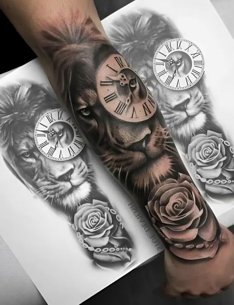 Lion Rose Tattoo, Tato Jam, Lion And Rose Tattoo, Clock And Rose Tattoo, Lion Forearm Tattoos, Lion Tattoo Sleeves, Rose Tattoo Sleeve, Rose Tattoos For Men, Lion Head Tattoos