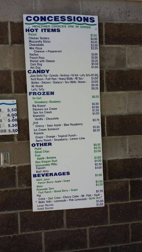 Good and clean poster for menu at concession. Concession Signs Diy, Small Concession Stand Ideas, Baseball Game Concessions, Concession Stand Fundraiser Ideas, Conssion Stand Food, School Concessions Ideas, Concession Stand Snack Ideas, Concession Stand Recipes, Running A Concession Stand