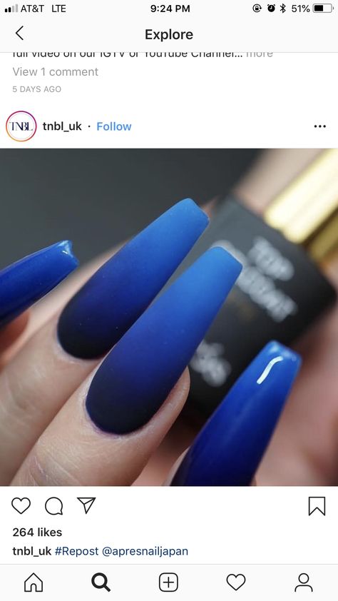 Royal Blue Matte Nails Design, Dark Blue Ombre Nails Acrylic, Black And Blue Ombré Nails, Dark Blue Ombre Acrylic Nails, Midnight Blue Nails Matte, Navy Blue And Black Nails Prom, Royal Blue Ombre Nails Coffin, Black To Blue Ombre Nails, Ombre Dark Blue Nails