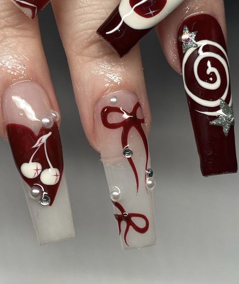 Polygel Design, Red And White Nails, Bows Coquette, April Nails, December Nails, Punk Nails, Red Acrylic Nails, Goth Nails, Red Nail Designs