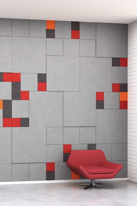 EchoDeco™ Shapes // Squares in Ruby, Tangerine, Slate and Iced Grey acoustic EchoScape™ Acoustic Panel Wall, Acoustic Wall Panel Design, Acoustic Wall Panel, Acoustic Wall Design, Acoustic Panel Design, Acoustic Panels Wall Design, Acoustic Panel, Square Paneling, Room Improvement