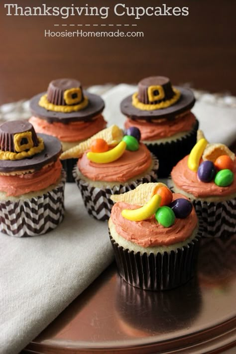 Cute Thanksgiving Cupcakes with Pilgrim Hats and Cornucopia on them! The kids will have a blast helping you decorate these cupcakes! Pin to your Thanksgiving Board! Cute Thanksgiving Cupcakes, Cornucopia Recipe, Pilgrim Hats, Thanksgiving Board, Turkey Cupcakes, Thanksgiving Cupcakes, Thanksgiving Snacks, Fall Cupcakes, Thanksgiving Cakes