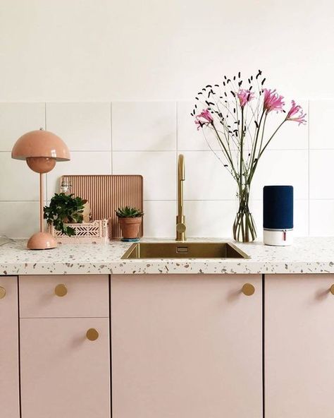 Terrazzo Kitchen Countertops, Terrazzo Kitchen, Pastel Kitchen Decor, Bold Kitchen, Pastel Kitchen, White Terrazzo, Terrazzo Tile, Tile Inspiration, Pink Kitchen