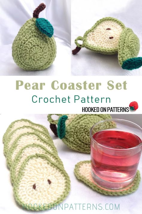 PEAR COASTER CROCHET PATTERN -  #Crochet a set of 6 sliced pear coasters and a cute pear shaped holder for neat storage.​ #Home #Coasters Crochet Pear, Taplak Meja Crochet, Pear Pattern, Coaster Crochet Pattern, Crocheted Coasters, Coaster Crochet, Crochet Coasters Free Pattern, Fruit Kitchen, Fairytale Decor