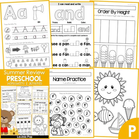 The Preschool Summer Review Worksheets & Activities No Prep packet contains 32 printable activities for preschool and kindergarten students. Summer Review Packet, Summer Mobile, Summer Packet, Ocean Theme Preschool, Preschool Names, Summer Review, Sight Word Books, Name Practice, Kindergarten Prep