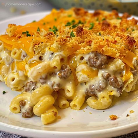 Baked Hamburger Macaroni Casserole, Baked Hamburger Mac And Cheese, Big Mac Casserole Hashbrowns, Mac N Cheese Hamburger Casserole, Macaroni And Cheese With Ground Beef, Hamburger Mac N Cheese, Cowboy Macaroni, Macaroni Hamburger Casserole, Hamburger Hotdish Recipes