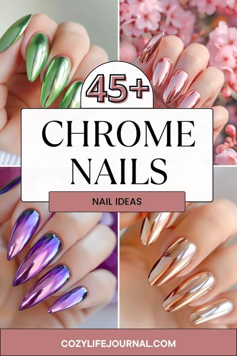 45+ Chrome Nails That Will Make Your Mani Pop Chrome Nails Short Coffin, Black With Blue Chrome Nails, Chrome Powder Over Different Colors, Chrome On Chrome Nails, Nude Chrome Nails Designs, Chrome Vacation Nails, Good Chrome Nails, Solid Chrome Nails, Multicolor Chrome Nails