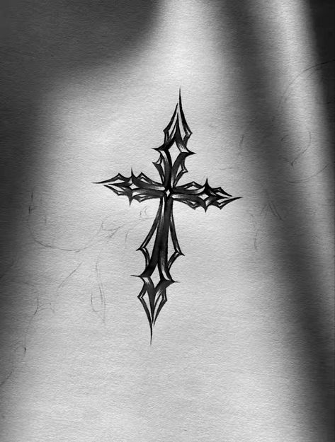 Rosemary Tattoo Cross, Small Crucifix Tattoo, Cross Knee Tattoo, Knife Tattoo Chest, Barbwire Cross Tattoo, Cross With Thorns Tattoo, Cross Swords Tattoo Design, Cybersigilism Cross Tattoo, Gothic Word Tattoo