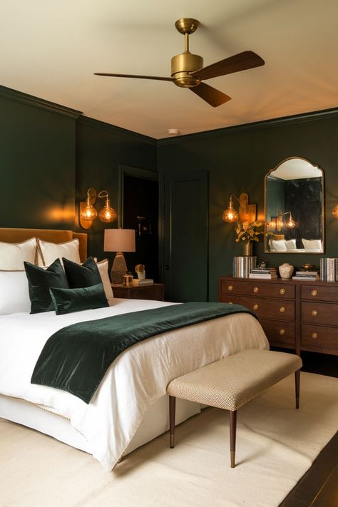 dark green walls with brass lighting and velvet accents Green Bed Frame Aesthetic, Dark Green Bedroom Black Furniture, Dark Green Moody Room, Bedroom Ideas Rich, Green Moody Bedroom, Dark Victorian Bedroom, Moody Green Bedroom, Hunter Green Bedrooms, Dark Green Bedroom Ideas