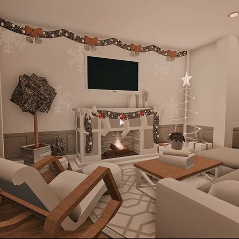 Bloxburg Christmas House Living Room, Aesthetic Christmas Bloxburg House, Bloxburg Kitchen Ideas Aesthetic Christmas, Bloxburg House Ideas 2 Floor Layout Christmas, Bloxburg House Ideas Fall Living Room, Bloxburg Room Ideas Christmas, Bloxburg Winter Living Room, Bloxburg Winter House Interior, Bloxburg Christmas Living Room Ideas