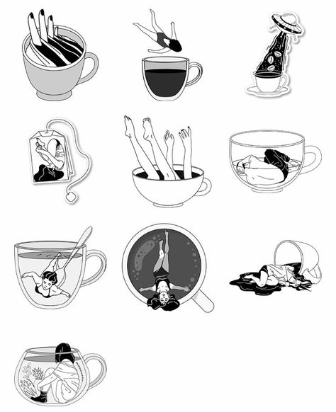 Tea Flash Tattoo, Tea Related Tattoos, Tea Inspired Tattoos, Coffee Cup Art Illustration, Coffee Flash Tattoo, V60 Tattoo, Tea Mug Tattoo, Coffee And Book Tattoo, Cute Coffee Tattoo