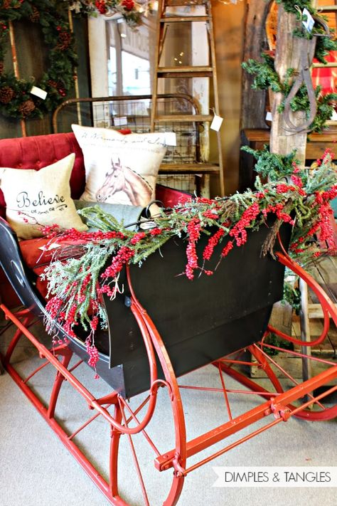 Sleigh Decorating Ideas Christmas Outdoor, Sleigh Photoshoot Photo Ideas, Outdoor Sleigh Decor, Large Sleigh Decorating Ideas, Christmas Sleigh Photoshoot, Christmas Sleigh Decorations Outdoor, Sleigh Christmas Decor, Christmas Sleighs, Sleigh Decor