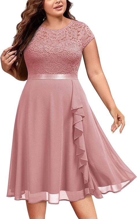 Miusol Women's Plus Size Ruffle Floral Lace Contrast Chiffon Formal Bridesmaid Party A-Line Cocktail Dress at Amazon Women’s Clothing store Party Dress For Plus Size Women, Dresses Models Ideas, Pink Knee-length Formal Evening Dress, Pink Floral Knee-length Dress For Party, Pink Knee-length Floral Dress For Garden Party, Dress Outfits For Wedding, Formal Dress Outfits, Matron Dresses, Pink Chiffon Knee-length Dress