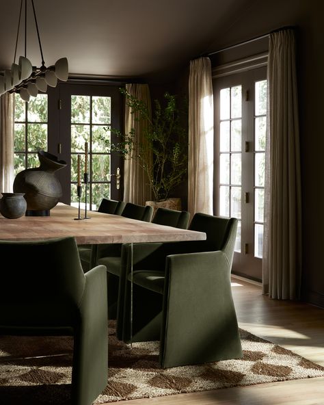 Roman Clay Dining Room, Dining Room With Sitting Area, Masculine Dining Room, Moody Dining Room, Chairs For Dining Room, Best Chairs, Dark Dining Room, Dining Room Paint Colors, Green Dining Room