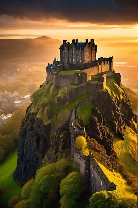 Edinburgh Castle at dawn: Ultra HD drone photography captures incredibly detailed medieval architecture, with ancient stonework glowing in golden hour light and swirling mist. #Edinburgh #Scotland #Castle Scotland Landmarks, England Castle, Golden Hour Light, Castles In England, Castle Aesthetic, Medieval Architecture, Morning Mist, The Golden Hour, Scottish Castles