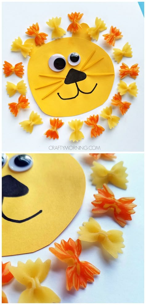 Make a cute pasta noodle lion craft with your kids! Perfect for zoo themes Zoo Animal Crafts For Toddlers, Animal Crafts Kids, Lion Kids Crafts, Pasta Crafts, Zoo Crafts, Zoo Animal Crafts, Lion Craft, Zoo Theme, Bowtie Pasta