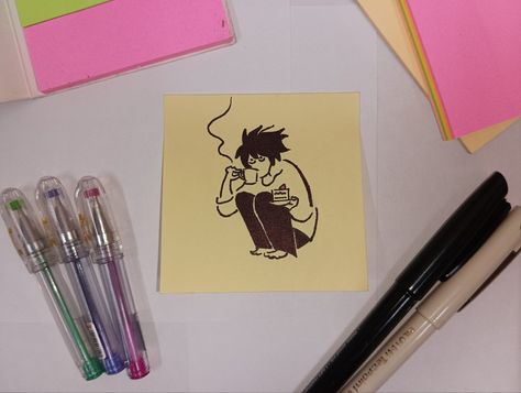 Sticky Notes Series. #DeathNote #L #aesthetic #Pen #drawing Sticky Note Window Art, What To Draw On Sticky Notes, Posted Notes Art, Sticky Notes Drawing Ideas, Cute Sticky Note Drawings, Things To Draw On Sticky Notes, Sticky Note Art Doodles, Post It Drawings Doodles, Sticky Note Doodles Easy