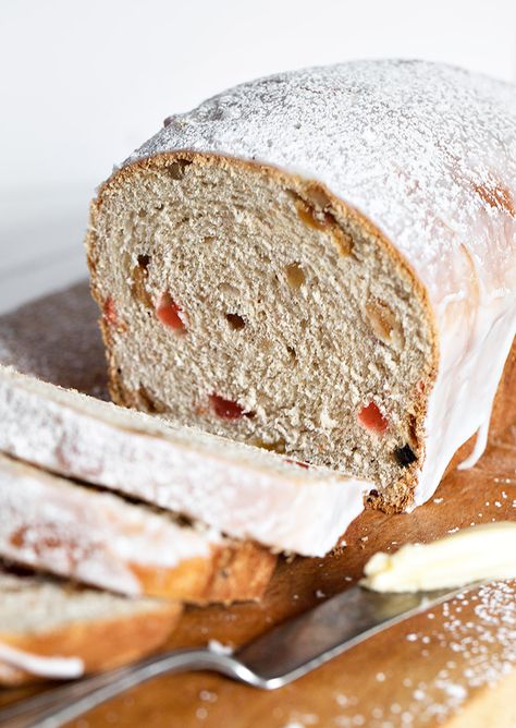 Chop Suey Bread - A festive yeast bread, this Chop Suey loaf is filled with candied fruit, nuts and raisins and is stopped with a sweet icing. Bread Loaf Recipes, Yeast Bread Loaf, Traditional Christmas Baking, Fruit Bread Recipes, Festive Bread, Sweet Glaze, Homemade Bread Easy, Yeast Bread Recipes, Chop Suey